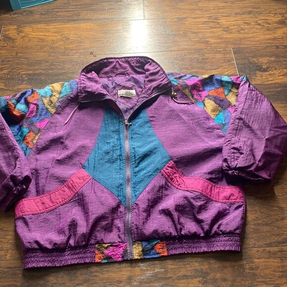 multi colored 90s bomber jacket Diana Marco 100% nylon size 20 vtg color block - Picture 1 of 10